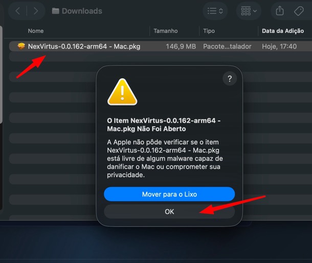 Mensagem do macOS dizendo que a Apple não pôde verificar o instalador, com o botão OK destacado