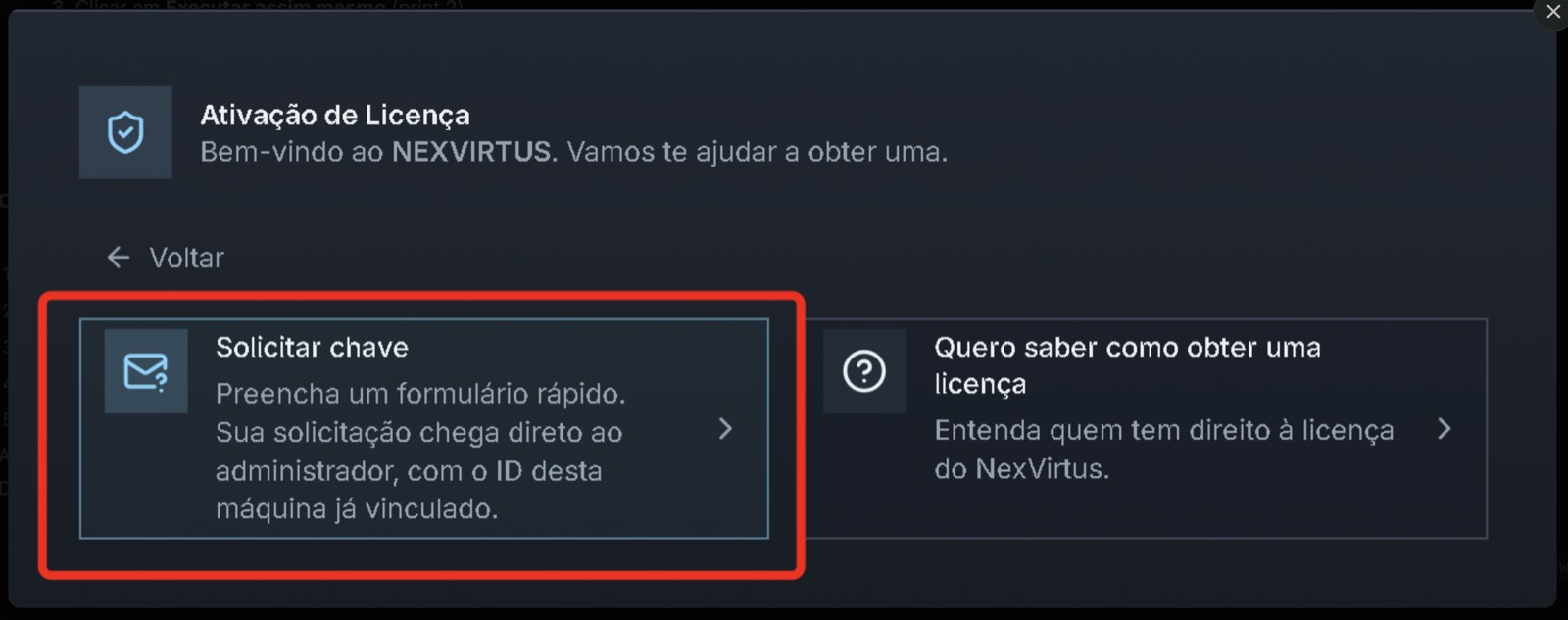 Tela com a opção 'Solicitar chave' destacada